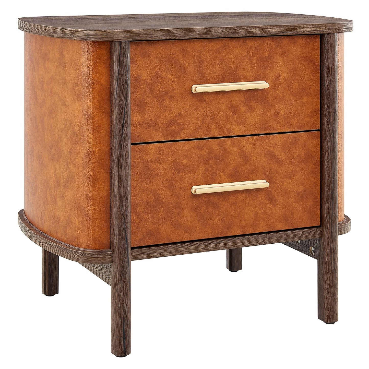 Coralie 2-Drawer Curved Vegan Leather Nightstand in Walnut Tan – Modern Bedside Table