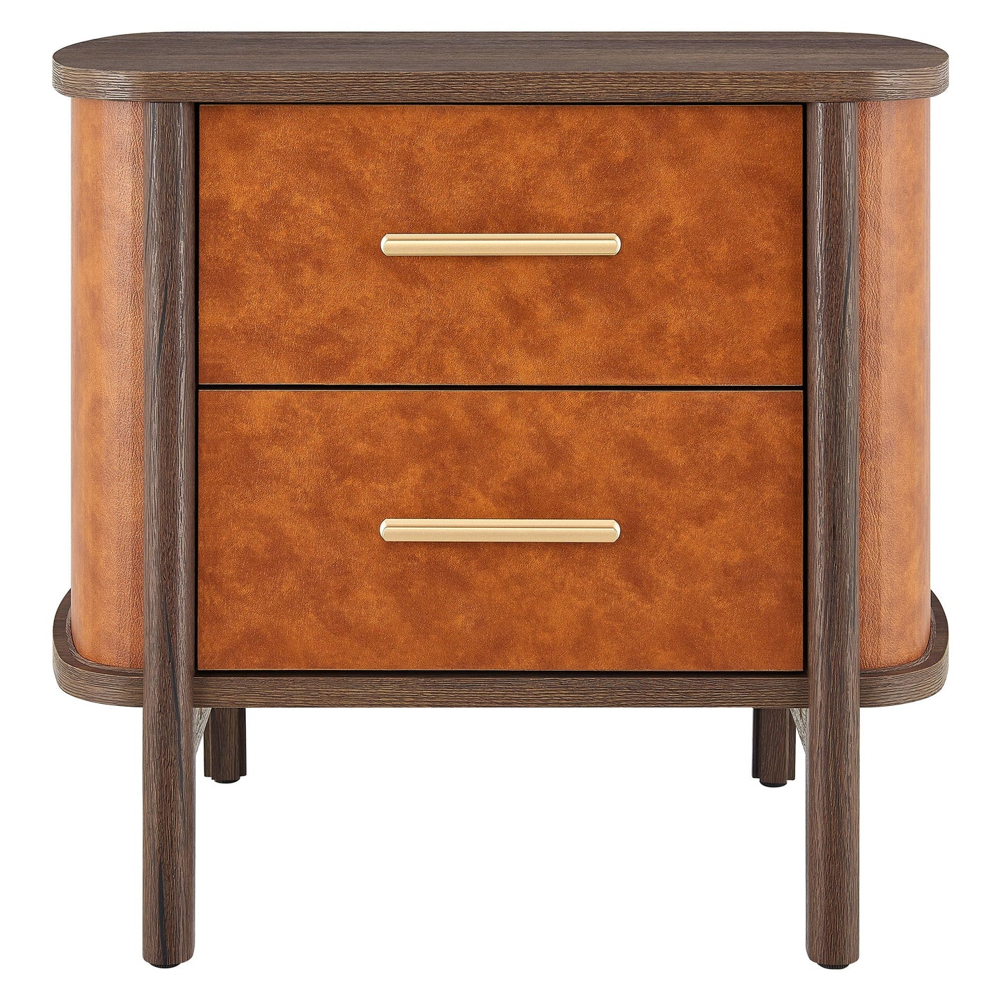 Coralie 2-Drawer Curved Vegan Leather Nightstand in Walnut Tan – Modern Bedside Table