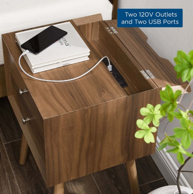 Ember Wood Nightstand with USB Ports and Outlets - Chic Mid-Century Modern Bedside Table in Walnut