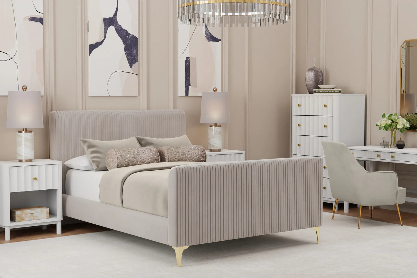 Zaldy Light Grey Platform Bed with Gold Legs – Modern Elegance and Sturdy Design for a Chic Bedroom Upgrade