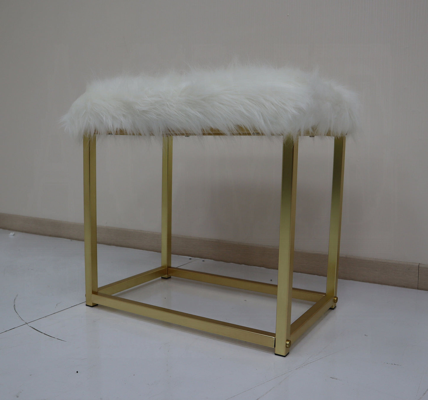 Adao Vanity Faux Fur, Mirror, Black & Brass Finish Mirror & Stool