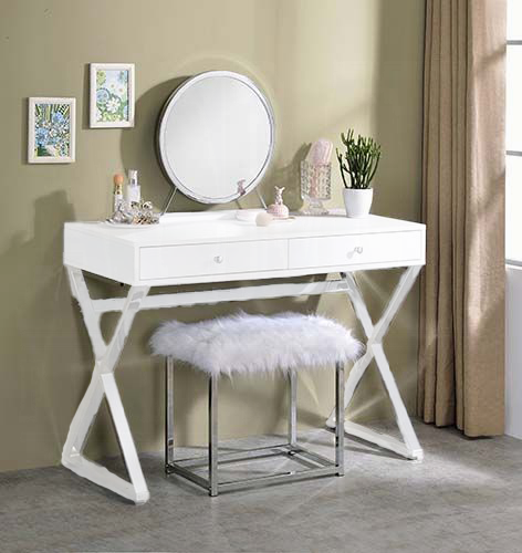 Adao Vanity Faux Fur, Mirror, White & Chrome Finish Mirror & Stool