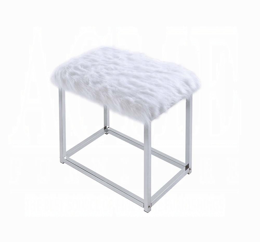 Adao Vanity Faux Fur, Mirror, White & Chrome Finish Mirror & Stool