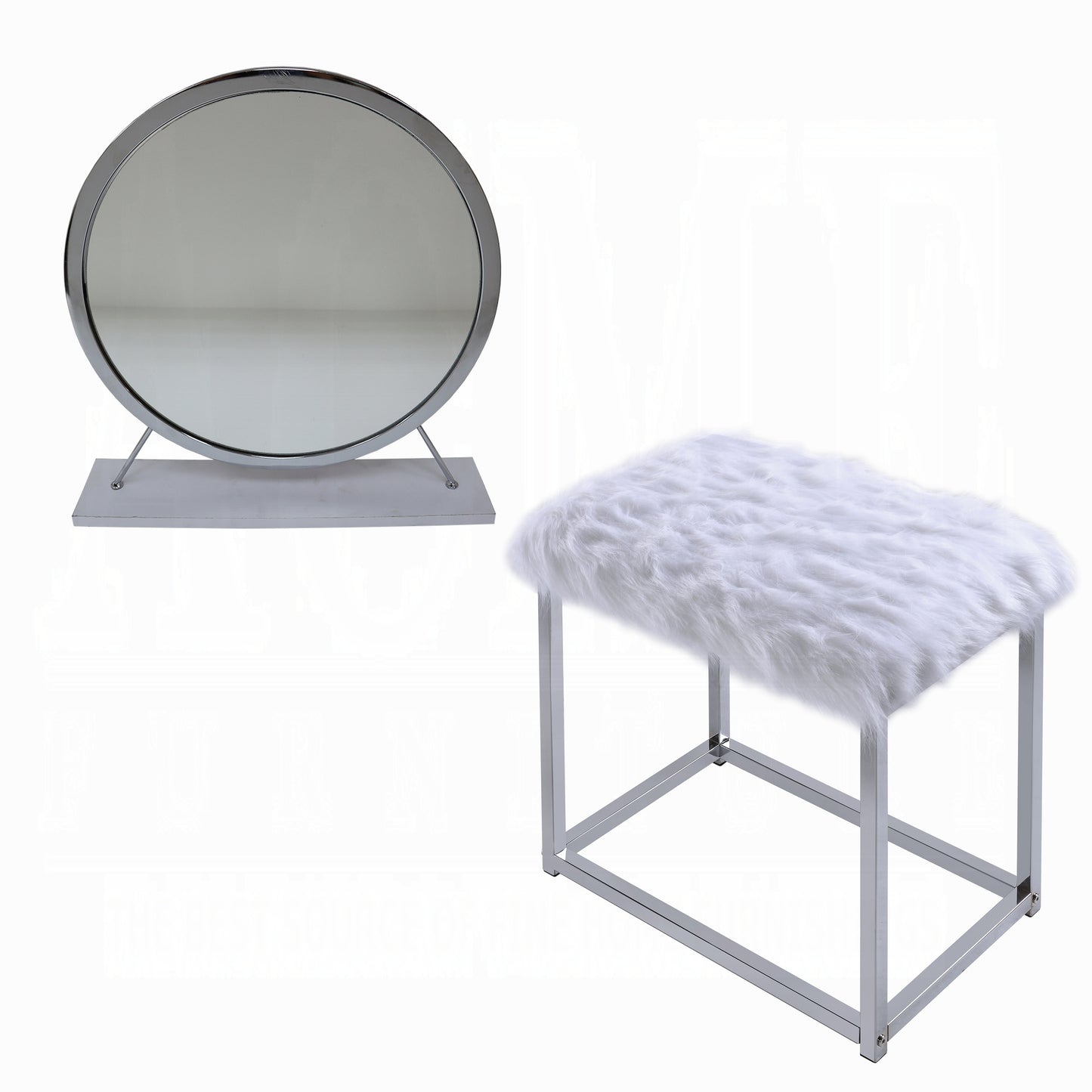 Adao Vanity Faux Fur, Mirror, White & Chrome Finish Mirror & Stool
