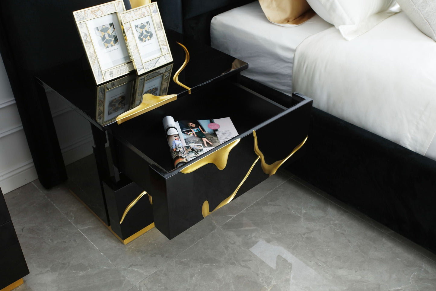 Modrest Aspen Nightstand – Modern Wide Black Finish with Luxe Gold Accents