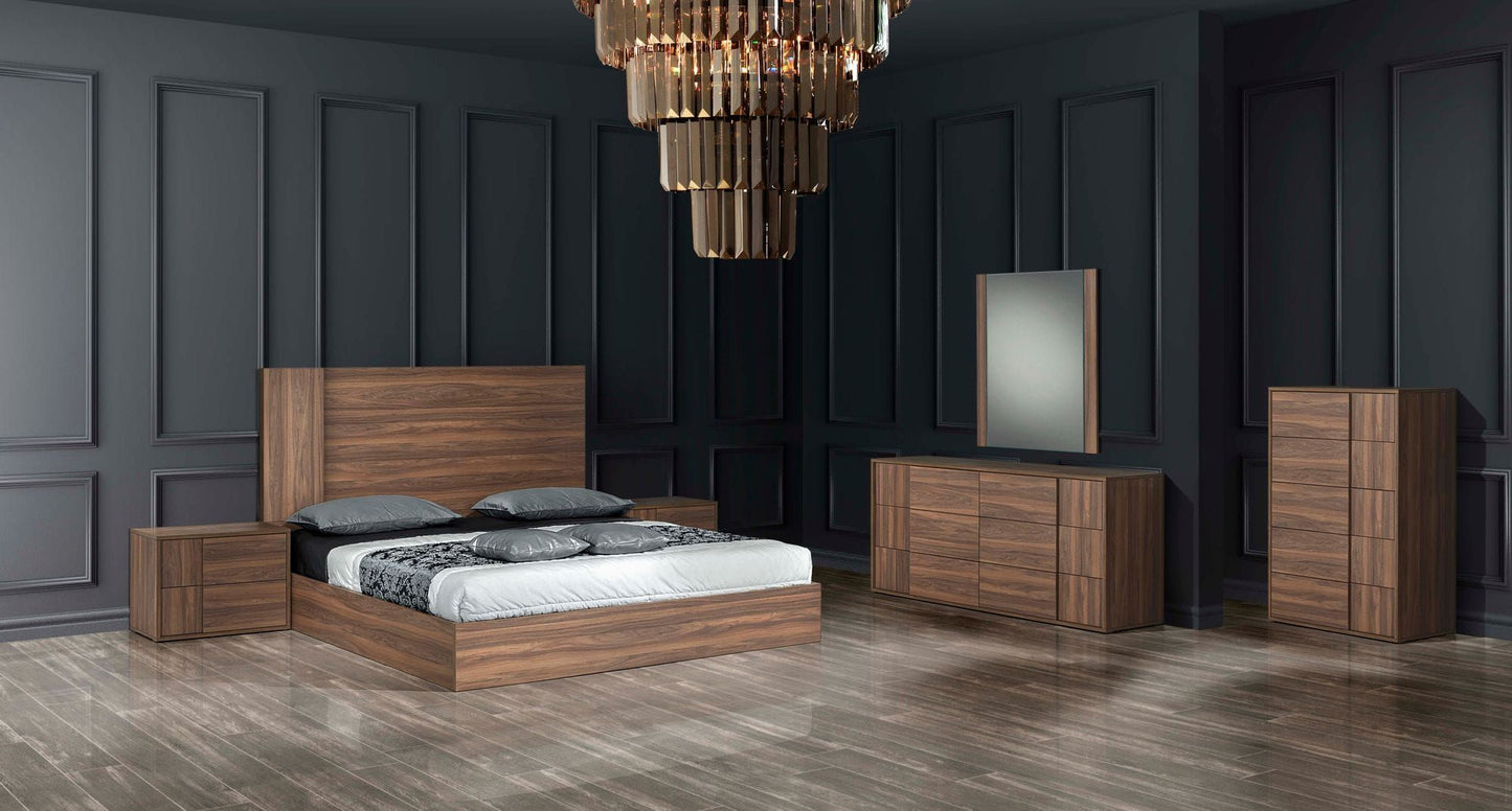 Asus Italian Walnut Matte Finish Platform Bed with High Headboard and Slatted Base