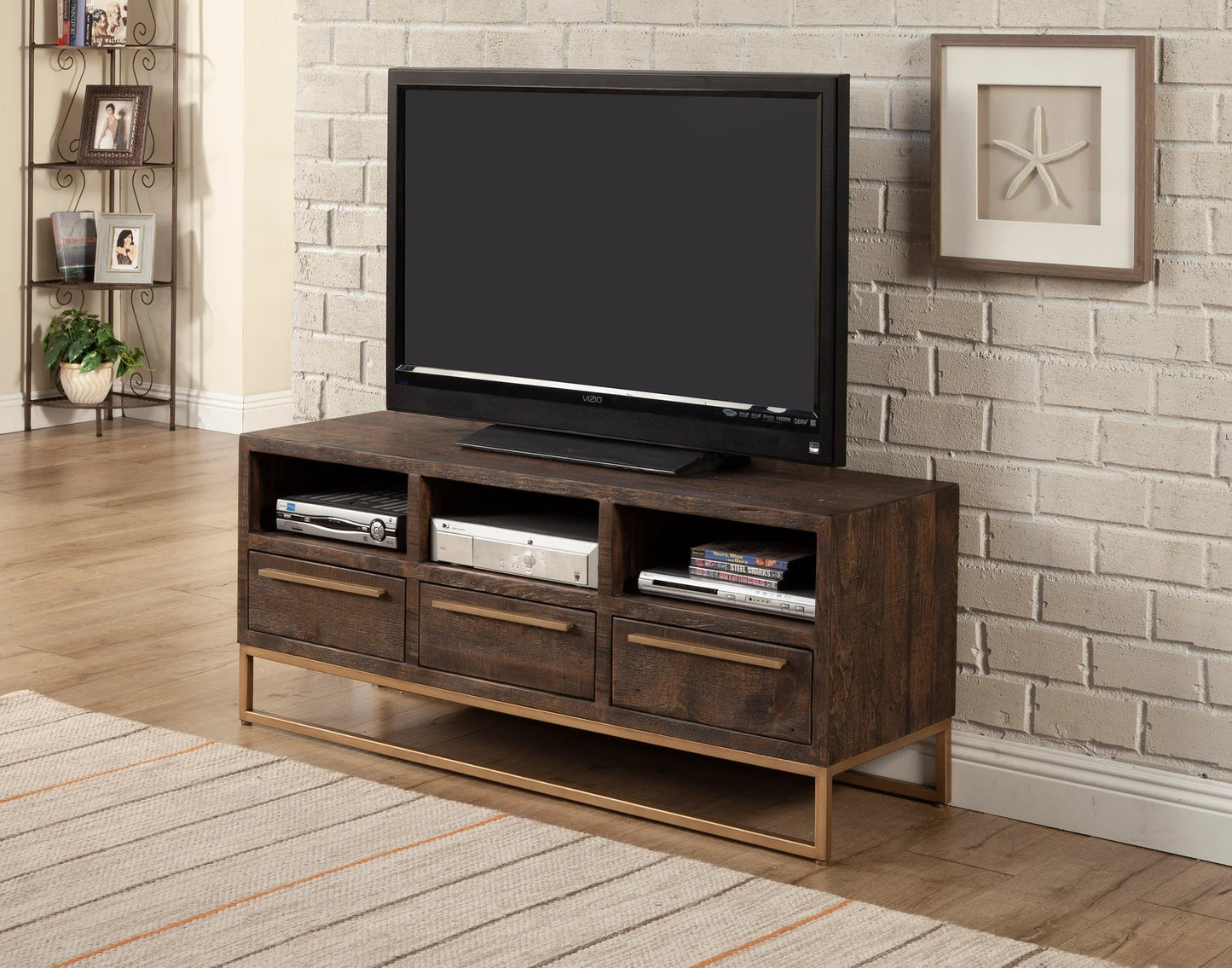 Monterey Rustic Elegance TV Console in Smokey Taupe – Fully Assembled, Featuring Open Shelves & Stylish Metal Legs for a Modern Rustic Look