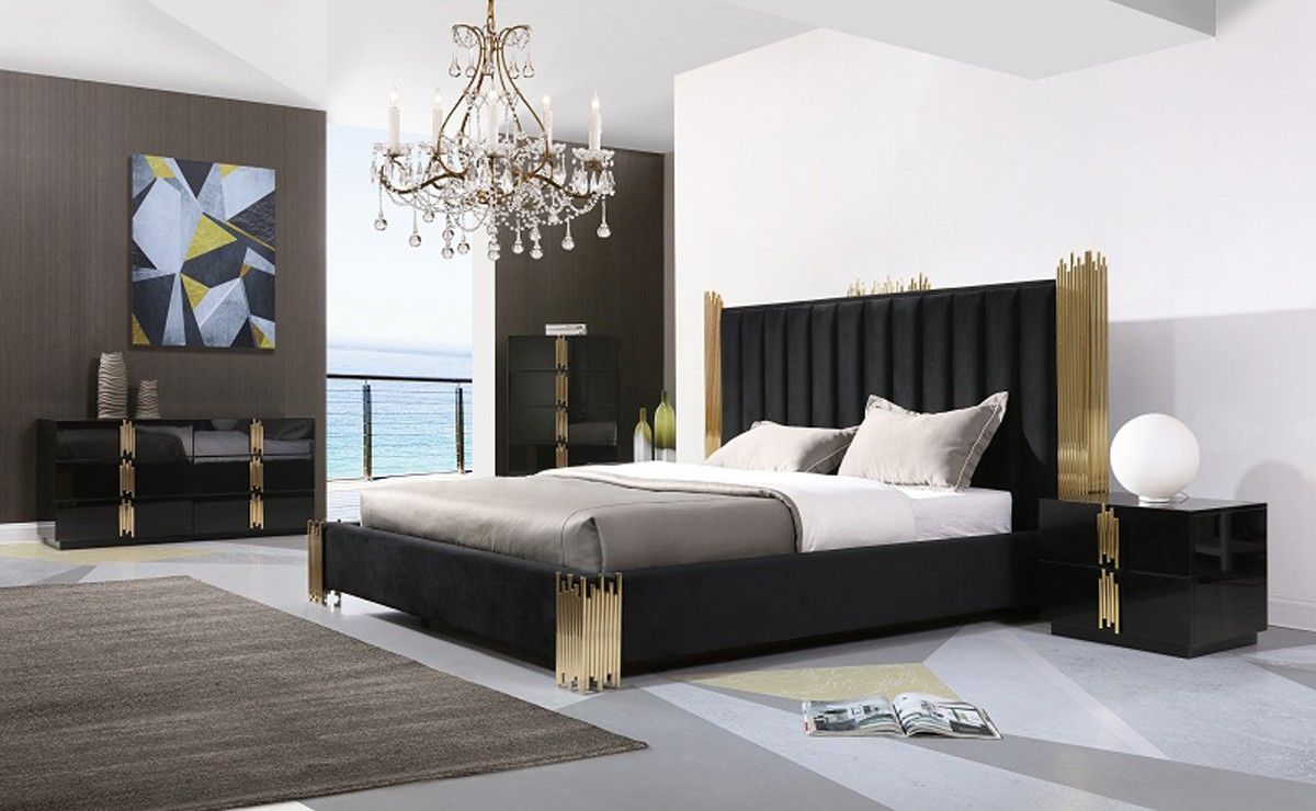 Token Black Velour Bed - Champagne Gold Stainless Steel Legs
