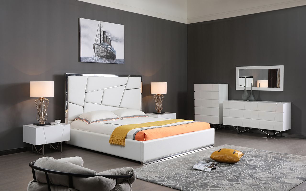 Chrysler White High Gloss 6βDrawer Dresser with Polished Stainless Steel Leg