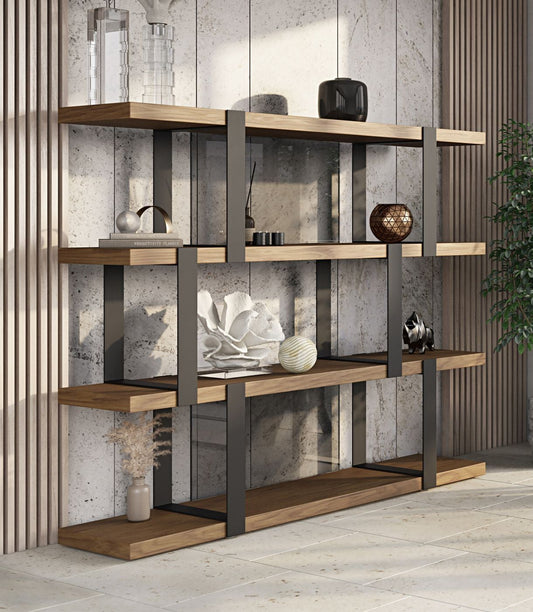 Modrest Brewer Modern Bookshelf β Walnut & Black 5-Tier Open Shelf Display