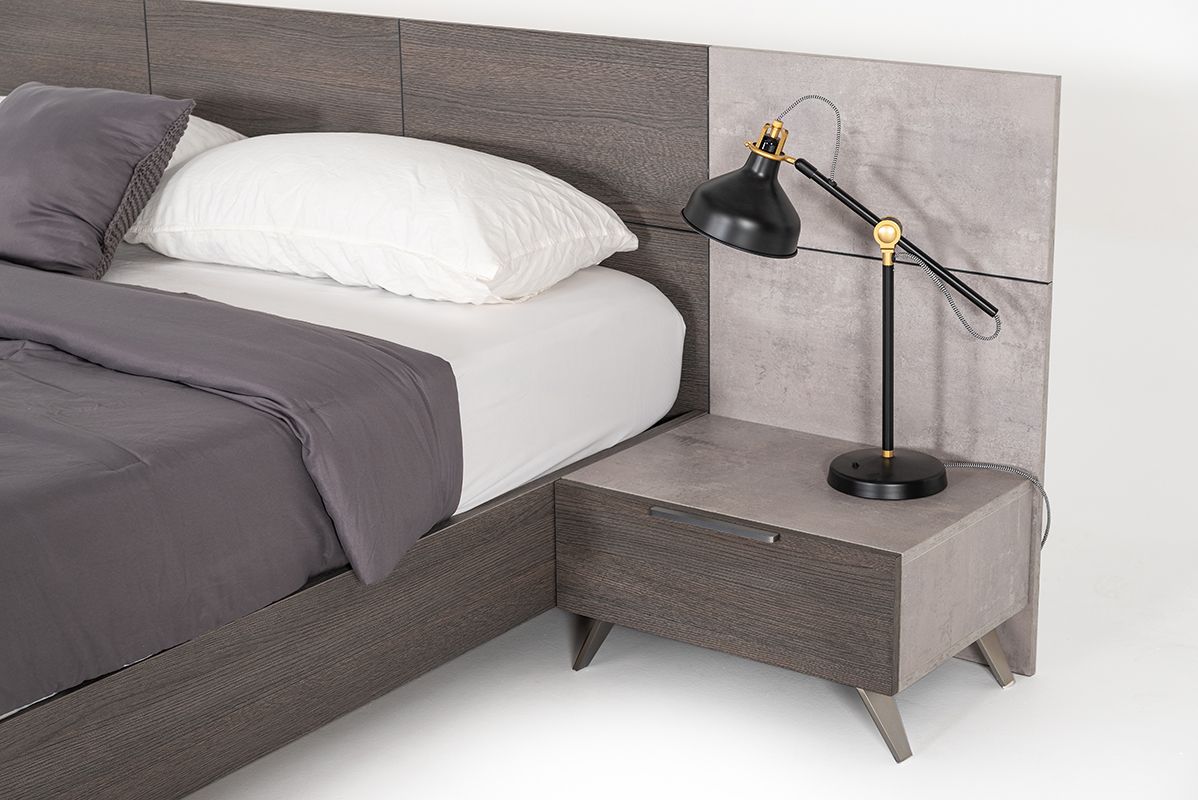 Bronx Italian Modern Faux Concrete & Grey Bed Set with 2 Nightstands