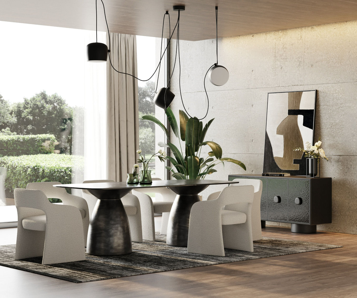 Modrest Calexico Contemporary Black Wave Glass Wide Rectangular Dining Table for Modern Dining Rooms