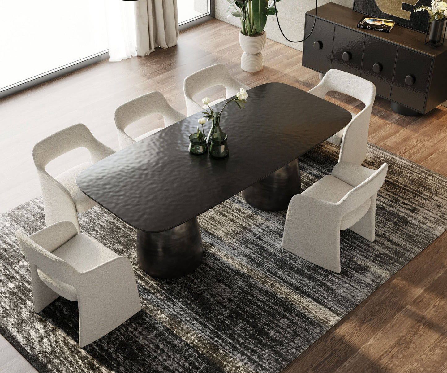 Modrest Calexico Contemporary Black Wave Glass Wide Rectangular Dining Table for Modern Dining Rooms