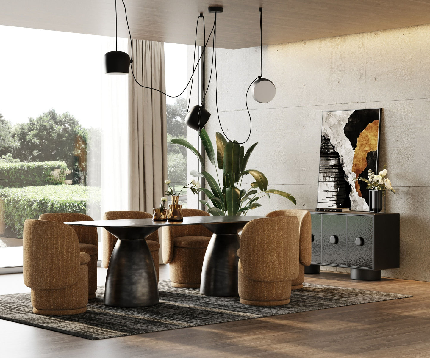 Modrest Calexico Contemporary Black Wave Glass Wide Rectangular Dining Table for Modern Dining Rooms
