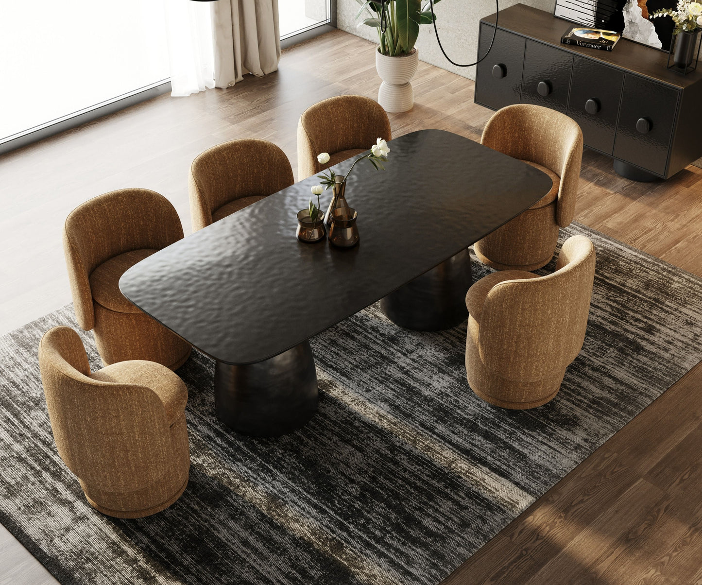 Modrest Calexico Contemporary Black Wave Glass Wide Rectangular Dining Table for Modern Dining Rooms