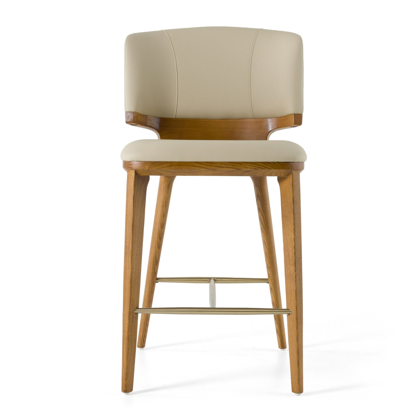 Modrest Calvary Mid-Century Modern Beige Vegan Leather Walnut Counter Chair Timeless Mid-Century Design with Sophisticated Elegance for Stylish Counter Spaces