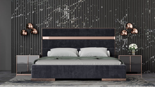 Nova Domus Cartier - Sleek Modern Black & Rose Gold Bed with Matching Nightstands