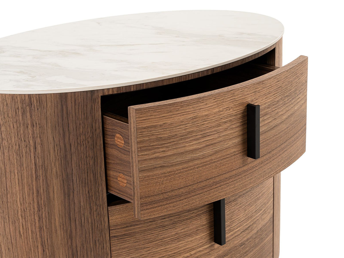 Chelton White Ceramic and Walnut Oval Nightstand