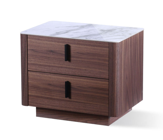 Modrest Chelton Contemporary Nightstand β White Ceramic with Walnut Wood Base
