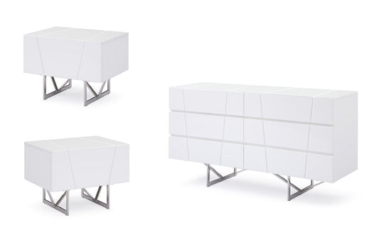 Modrest Chrysler Modern White Lacquer Dresser & 2 Nightstands Set β Sleek Bedroom Storage