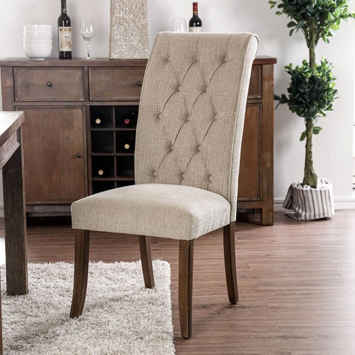 Set of 2 Sania Rustic Side Chairs – Antique Oak & Beige Upholstery | Farmhouse Dining Seating