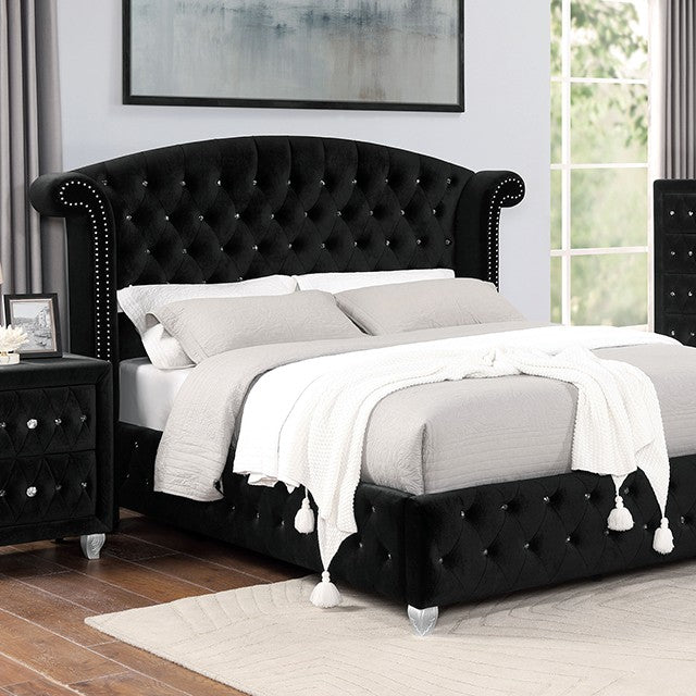 Zohar Glam Velvet Solid Wood Crystal Acrylic Buttons Upholstered Bed