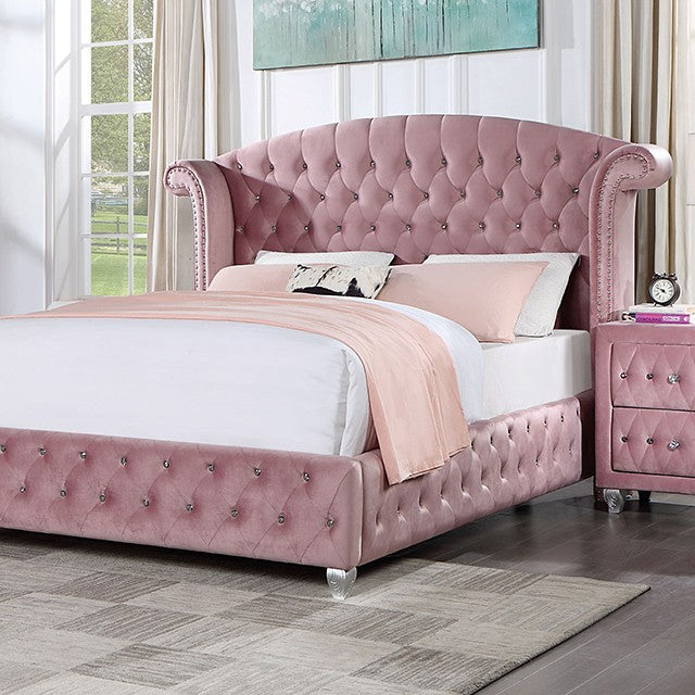 Zohar Glam Velvet Solid Wood Crystal Acrylic Buttons Upholstered Bed