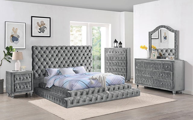 Stefania Glam Velvet Solid Wood Crystal Acrylic Buttons Upholstered Bed
