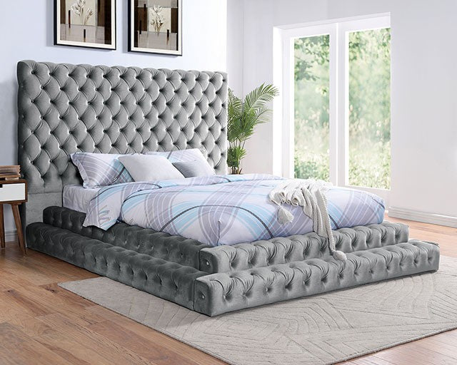 Stefania Glam Velvet Solid Wood Crystal Acrylic Buttons Upholstered Bed