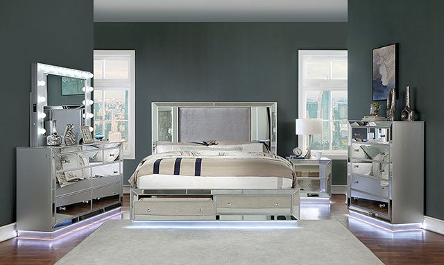Belladonna Glam Mirror Fabric Headboard Bed