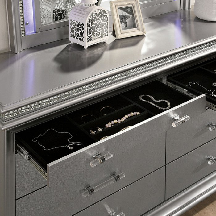 Maddie Contemporary Crystal Mirror Accent Silver Dresser