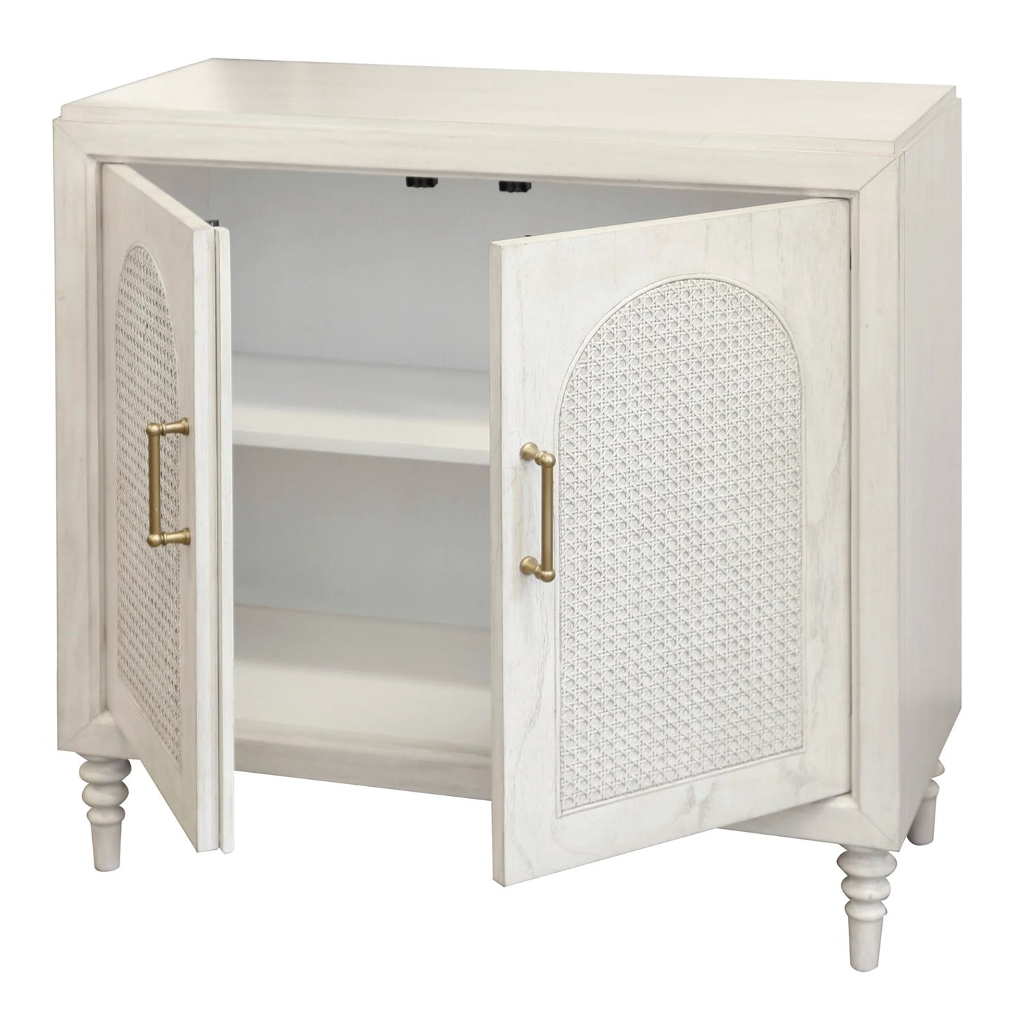 Cane Arch Chest Two Door Design White Faux Wood Woven Cane Finish Elegant Storage Solution