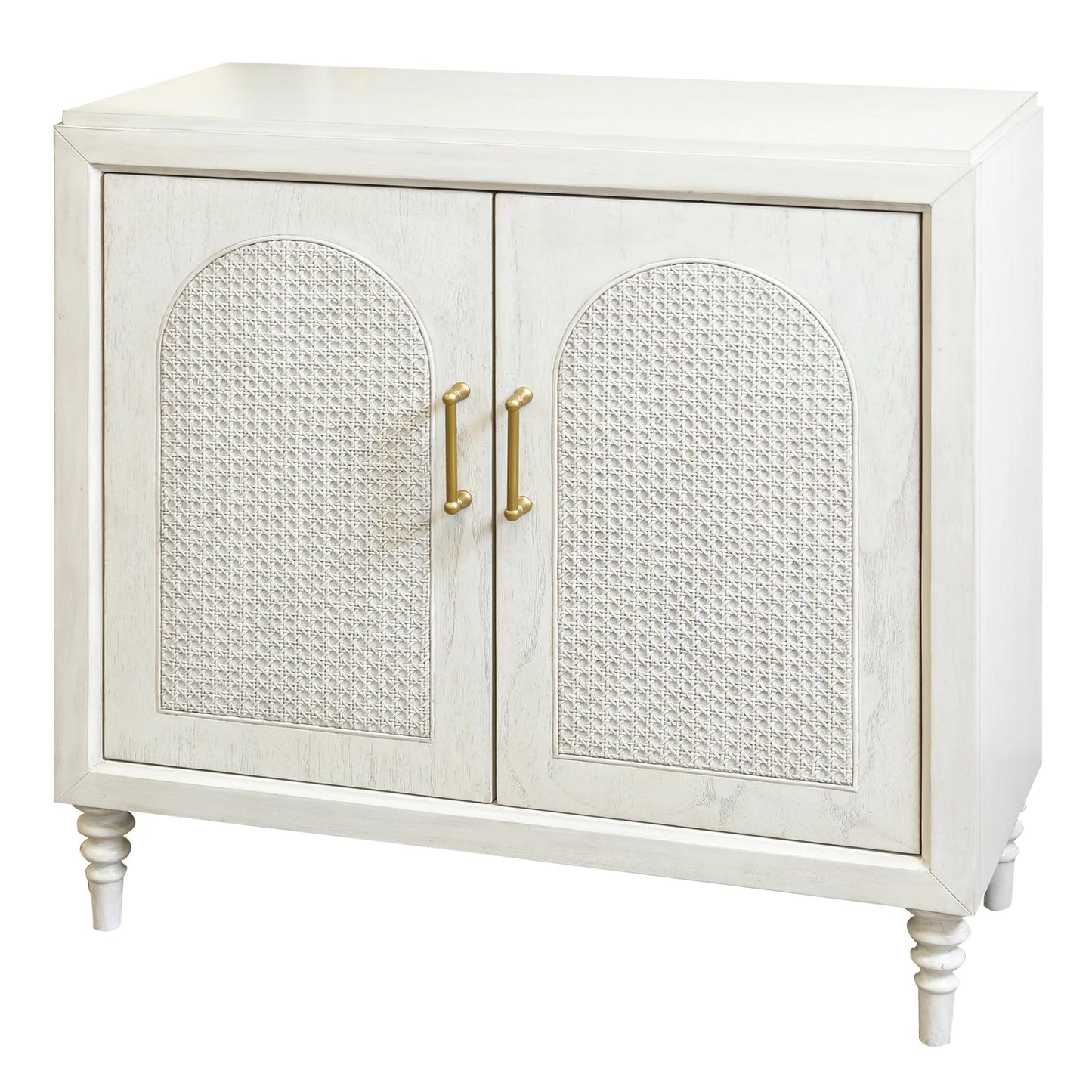 Cane Arch Chest Two Door Design White Faux Wood Woven Cane Finish Elegant Storage Solution