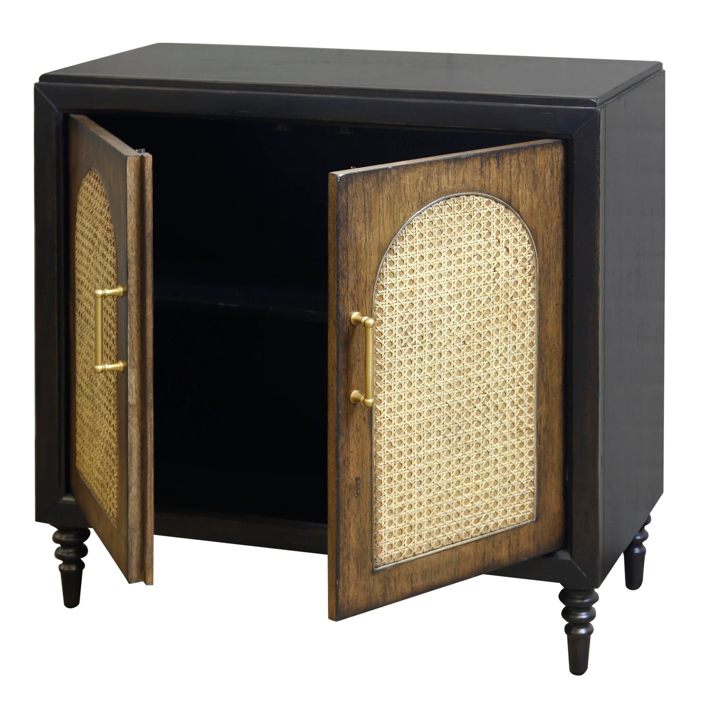 Cane Arch Chest Two Door Design Rustic Faux Wood Woven Cane Finish Stylish Storage Solution