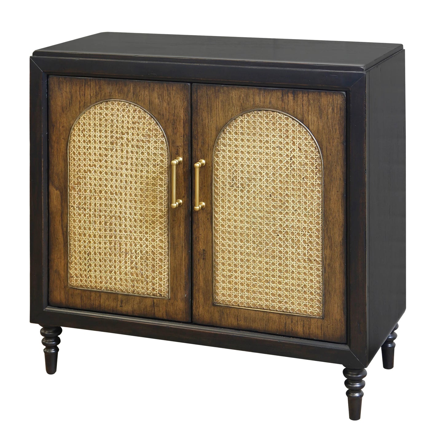 Cane Arch Chest Two Door Design Rustic Faux Wood Woven Cane Finish Stylish Storage Solution