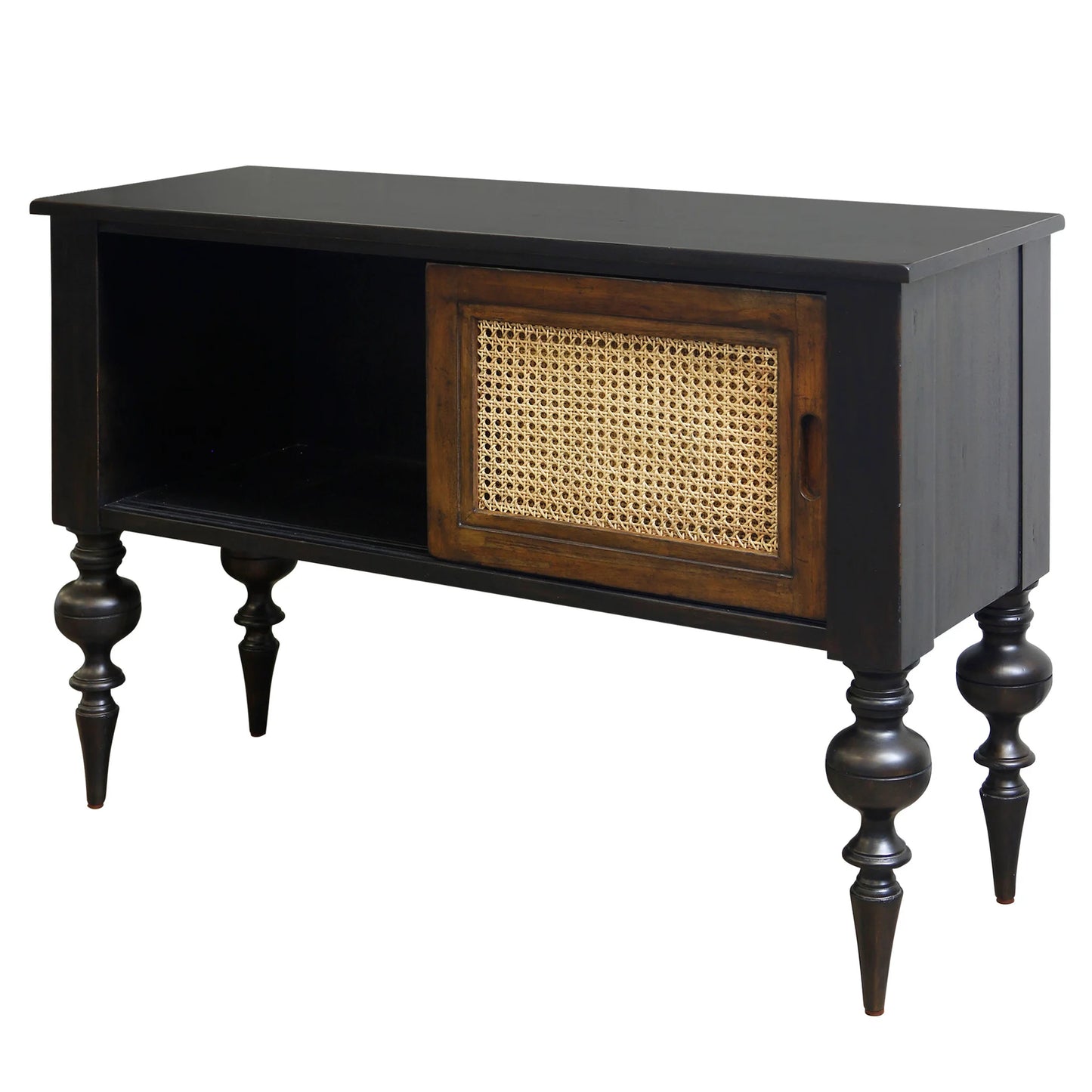 Industrial Cane Console Double Slide Doors Mahogany Woven Cane Finish Stylish Storage Solution