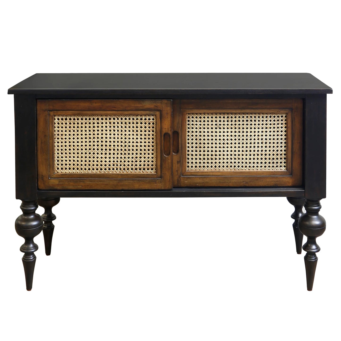 Industrial Cane Console Double Slide Doors Mahogany Woven Cane Finish Stylish Storage Solution