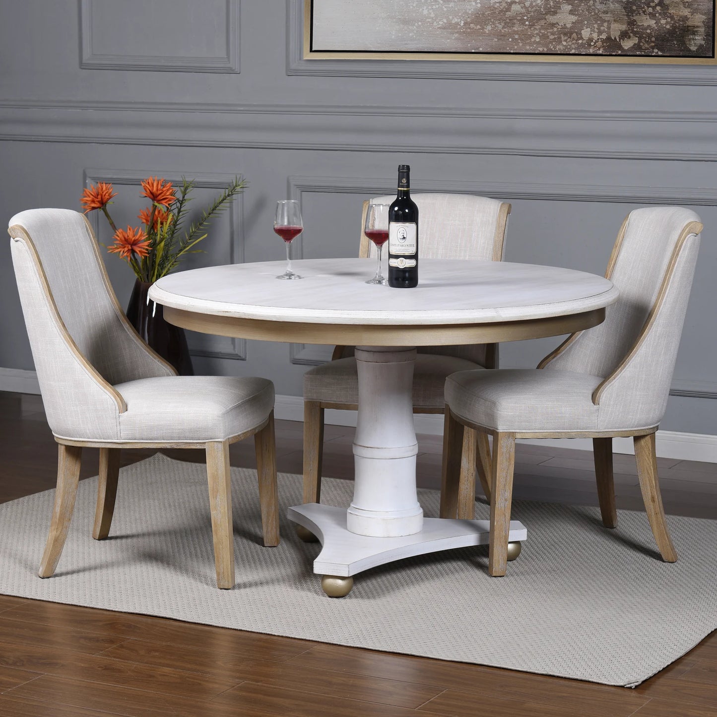 Dann Foley Lifestyle White Round Wooden Dining Table with Gold Accent Elegant Dining Solution