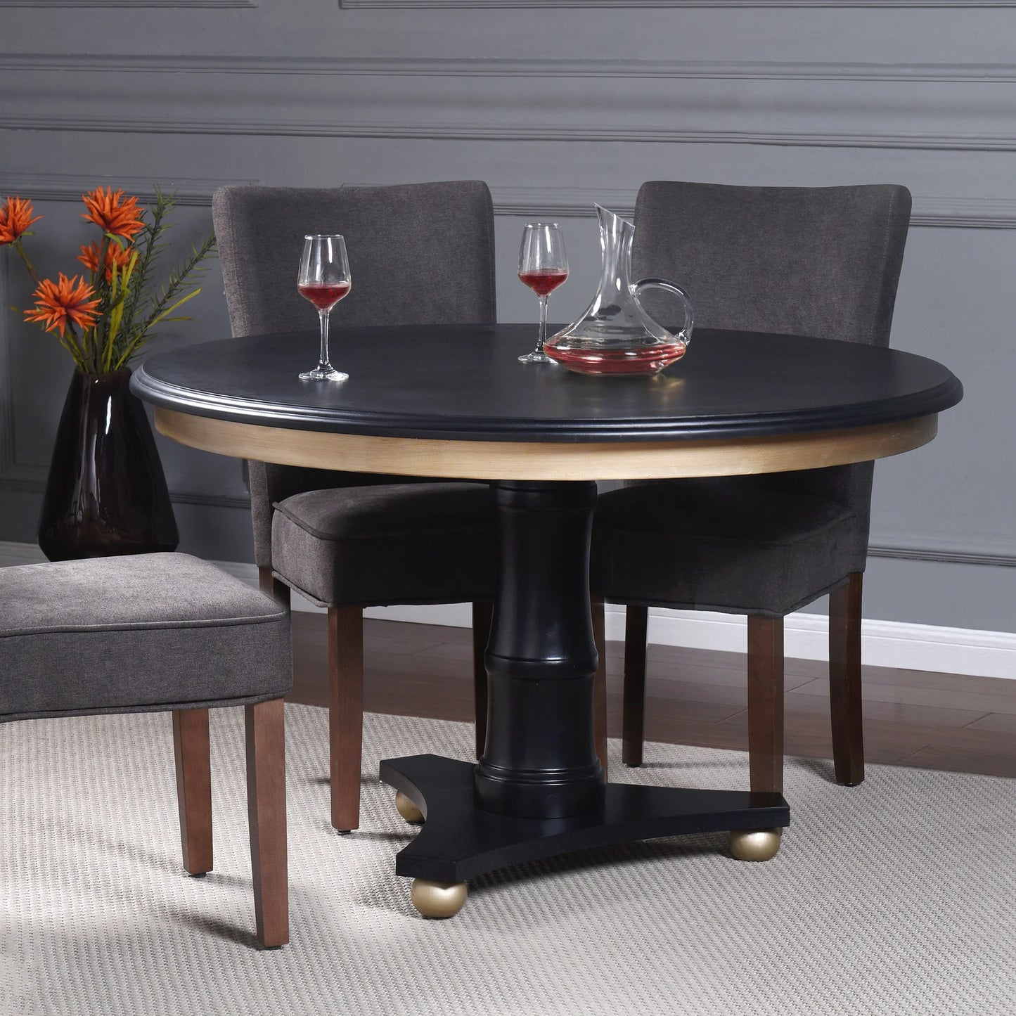 Dann Foley Lifestyle Black Round Wooden Dining Table with Gold Accent Elegant Dining Solution