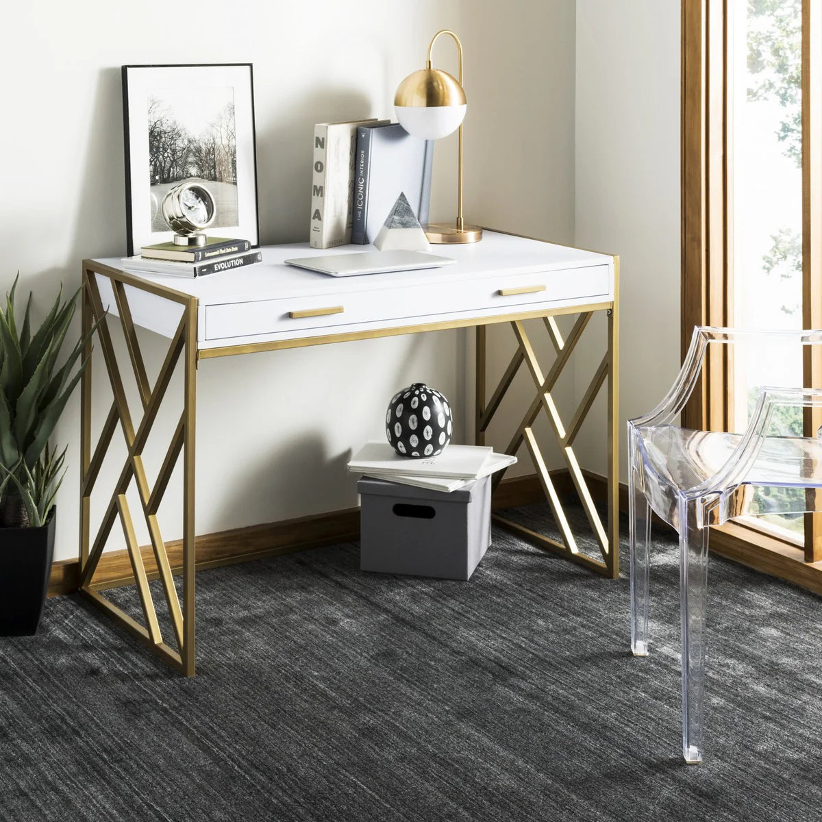 Elaine 2-Drawer Contemporary Desk in White and Gold - Chic and Functional Workspace for Modern Interiors