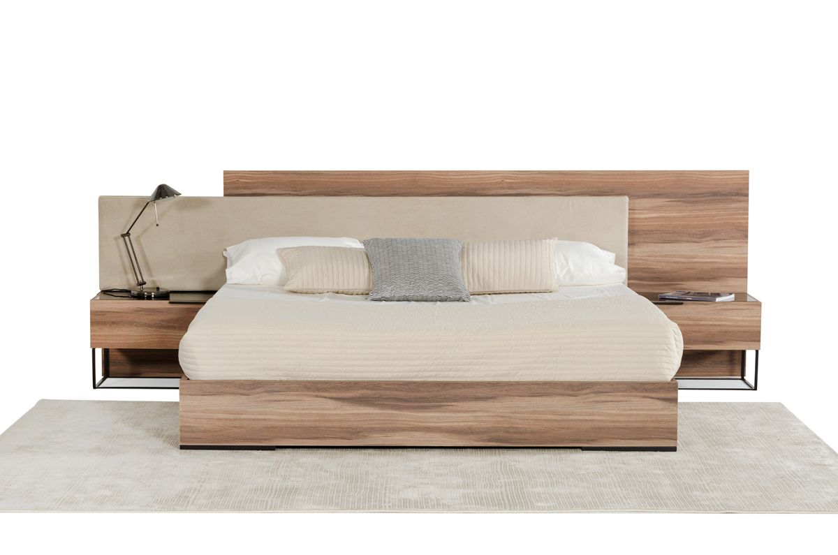 Nova Domus Matteo Italian Modern Walnut & Fabric Bed + 2 Nightstands + Dresser Set