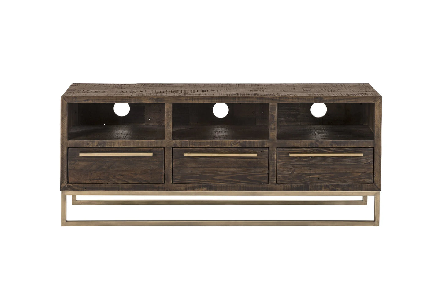 Monterey Rustic Elegance TV Console in Smokey Taupe – Fully Assembled, Featuring Open Shelves & Stylish Metal Legs for a Modern Rustic Look