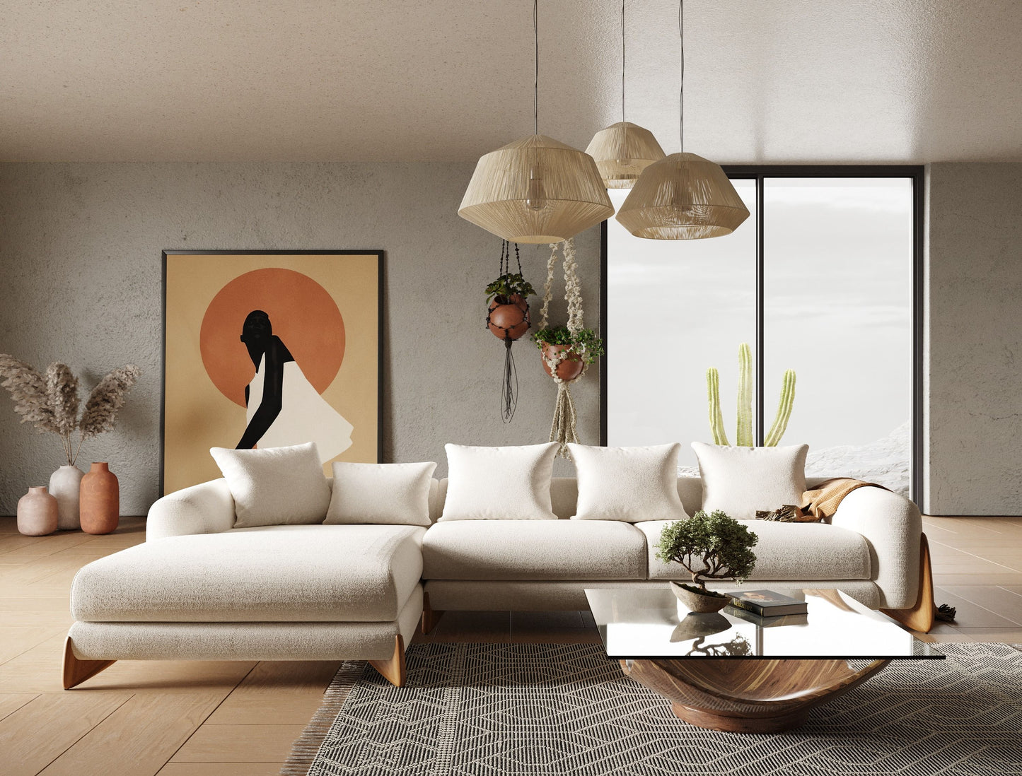 Modrest Fleury Contemporary LAF Sectional Sofa β Cream Fabric with Walnut Base