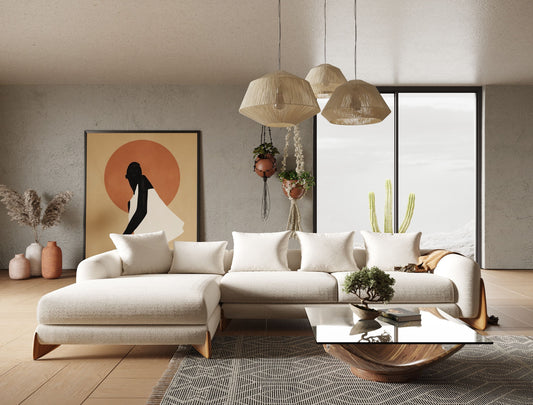 Modrest Fleury Contemporary LAF Sectional Sofa β Cream Fabric with Walnut Base