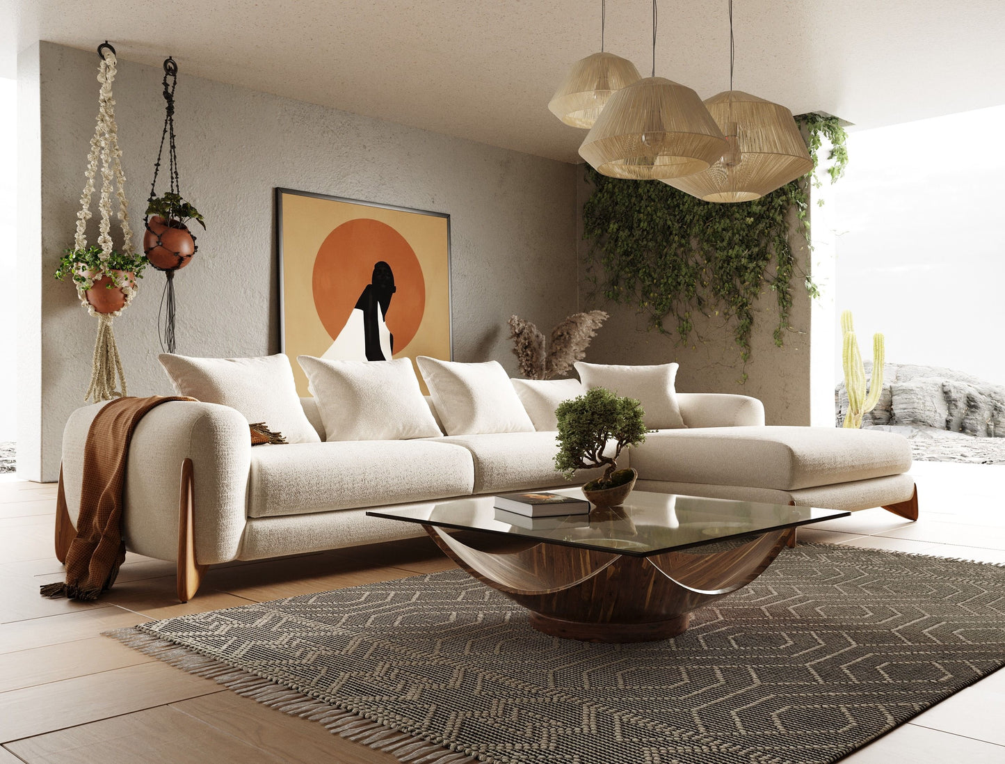 Modrest Fleury - Contemporary Cream Fabric and Walnut RAF Sectional Sofa