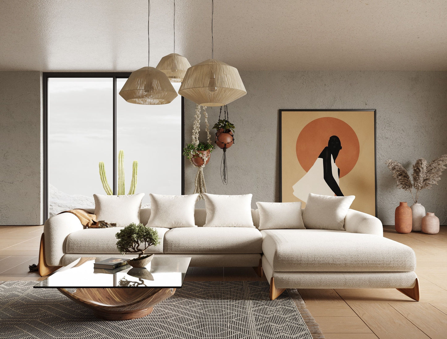 Modrest Fleury - Contemporary Cream Fabric and Walnut RAF Sectional Sofa