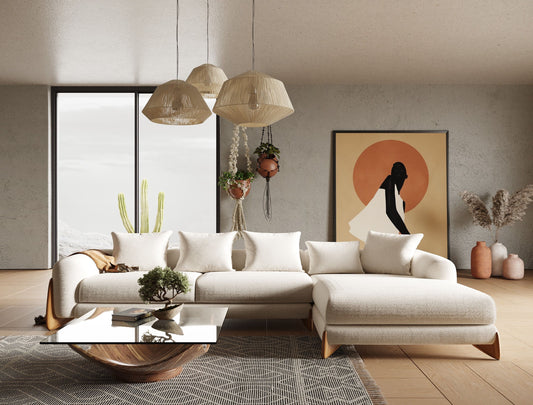 Modrest Fleury Contemporary RAF Sectional Sofa β Cream Fabric with Walnut Base