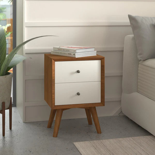 Flynn Acorn/White Nightstand β Stylish Mid-Century Modern Design with a Chic Dual-Tone Finish