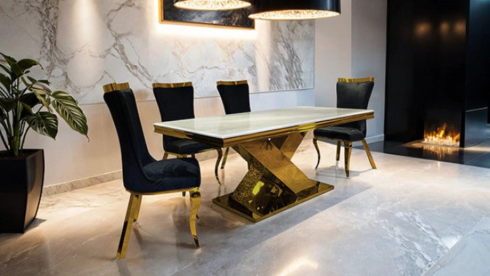 Basilicata Gold Chair (Set of 2) - Glam Black Fabric - Elegant Dining Chairs with a Chic Gold Frame and Luxurious Black Fabric Upholstery