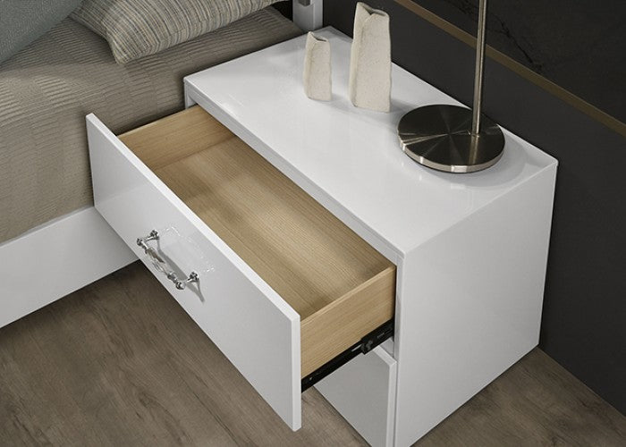 Stoholm Contemporary Rhinestone White Nightstand - Chic Design with Glamorous Accents for Stylish Bedroom Storage